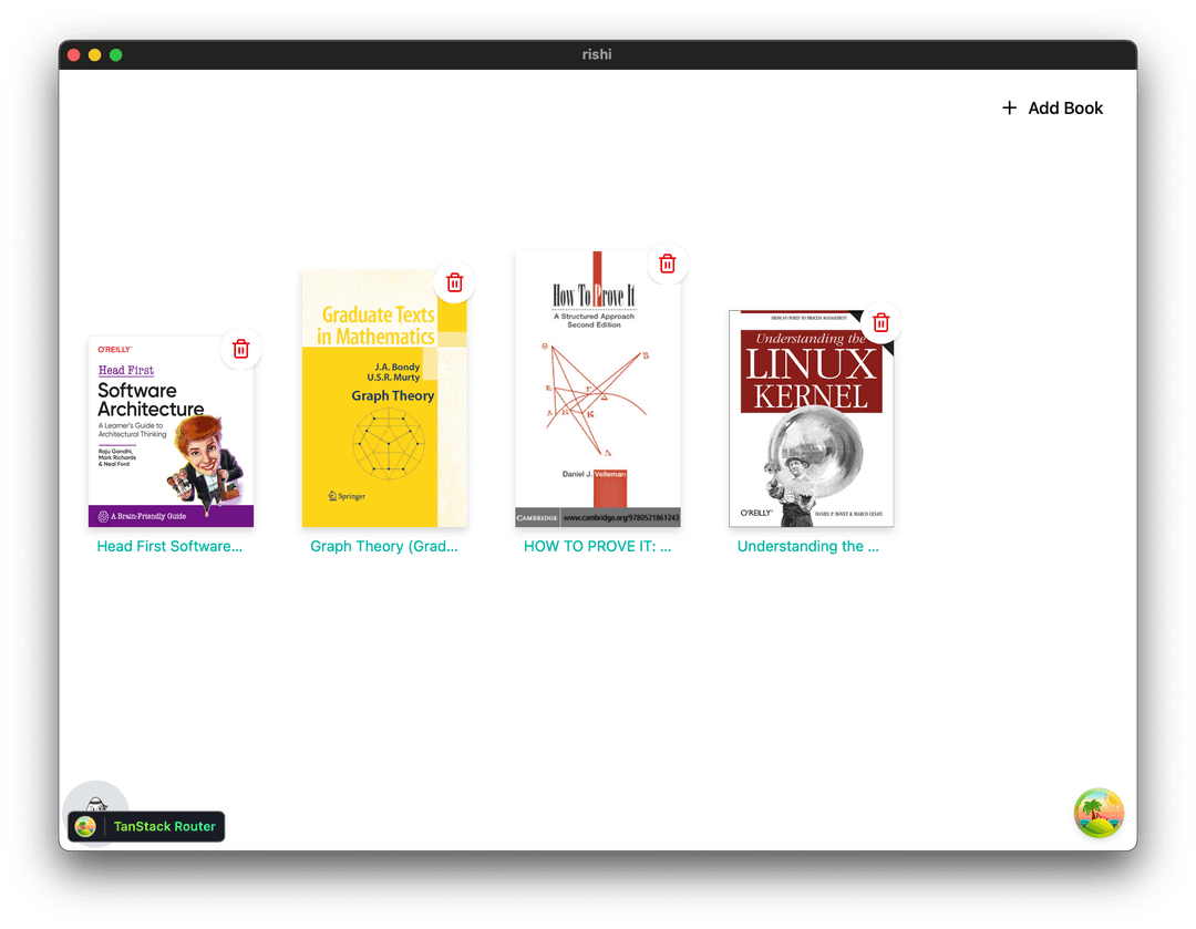 Book library interface showing multiple books in a grid